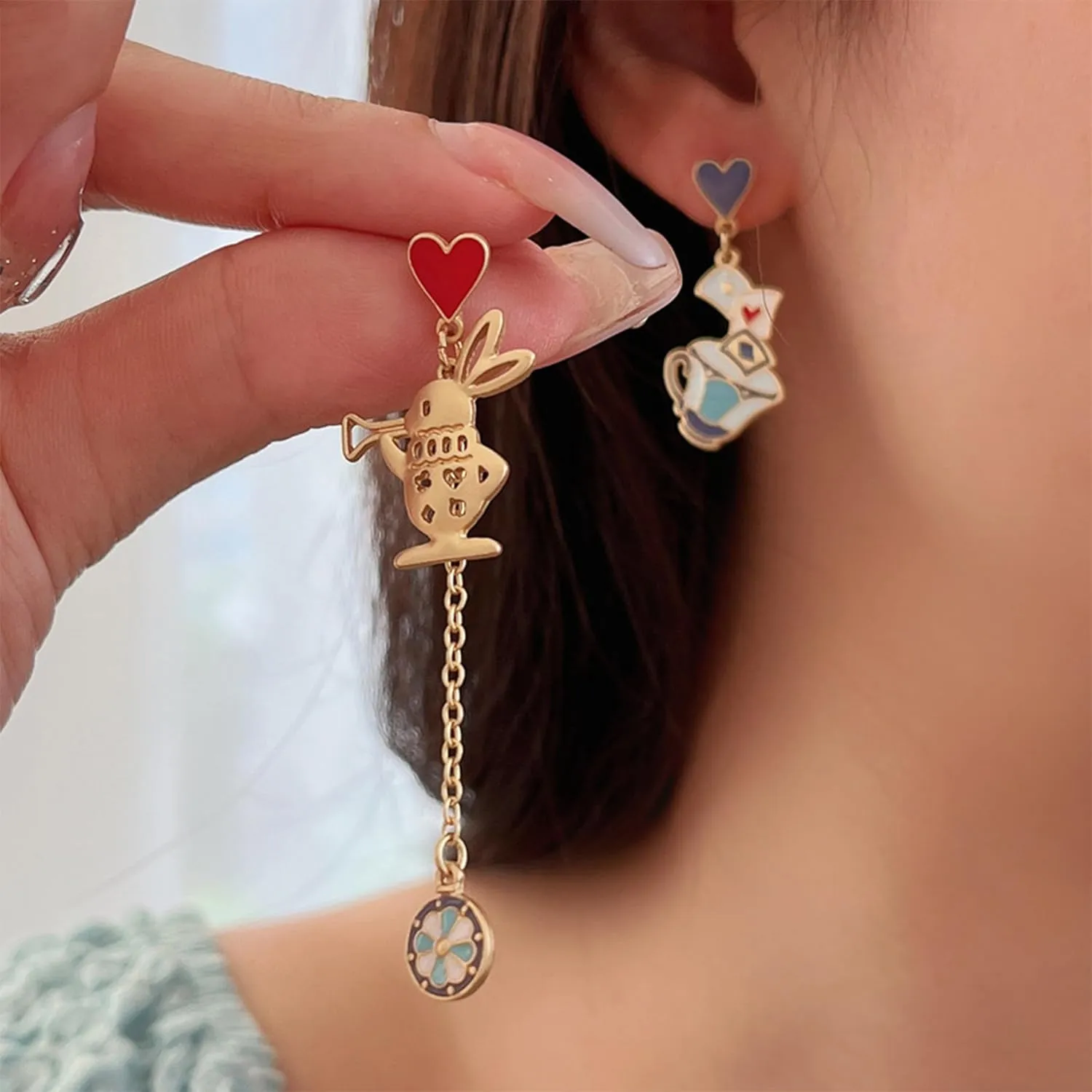 Alice Earrings for Women Asymmetric Poker Card Clock Dangle Earrings Rabbit Alarm Clock Drop Earrings Halloween Costume Accessories