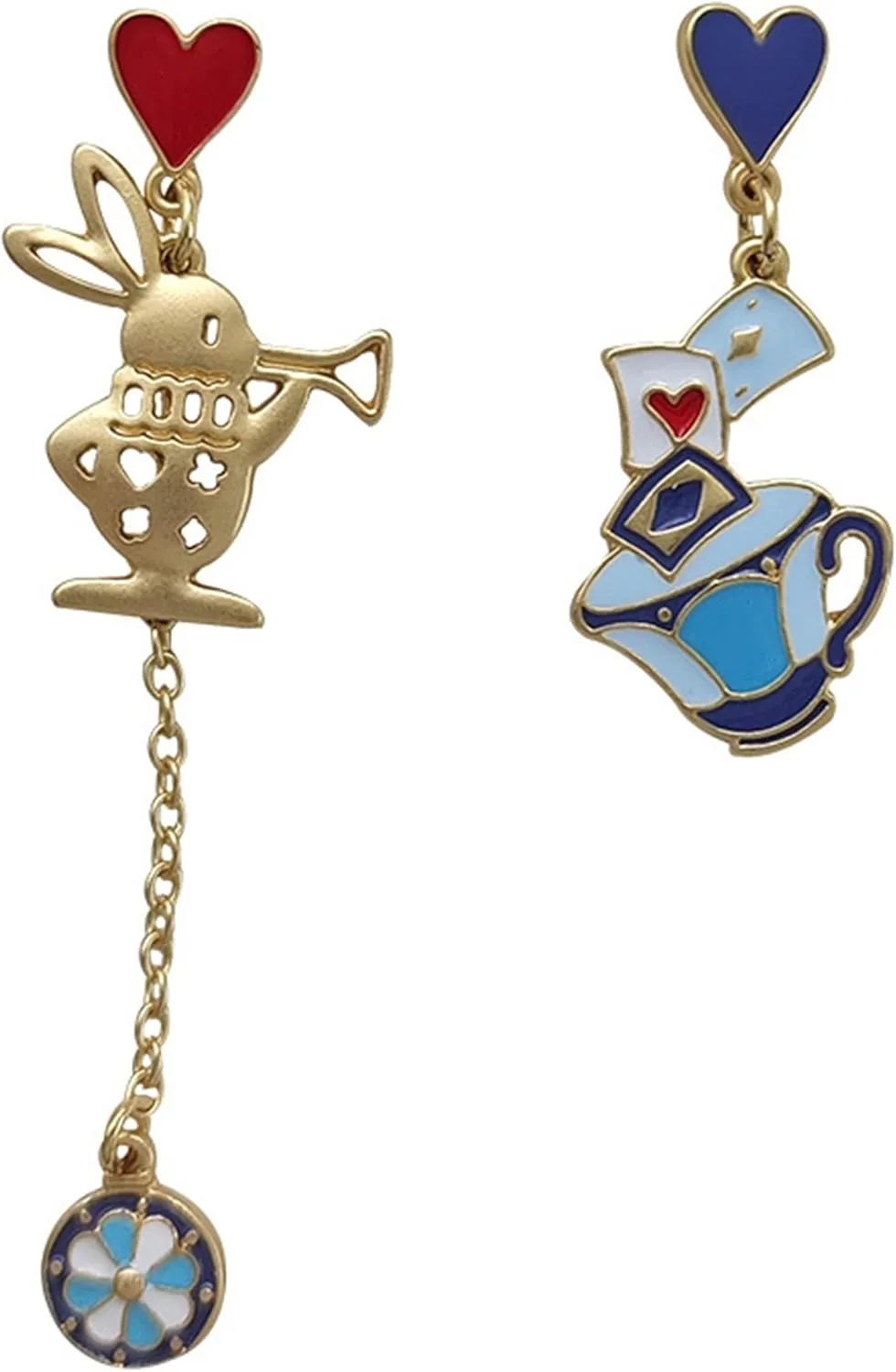 Alice Earrings for Women Asymmetric Poker Card Clock Dangle Earrings Rabbit Alarm Clock Drop Earrings Halloween Costume Accessories