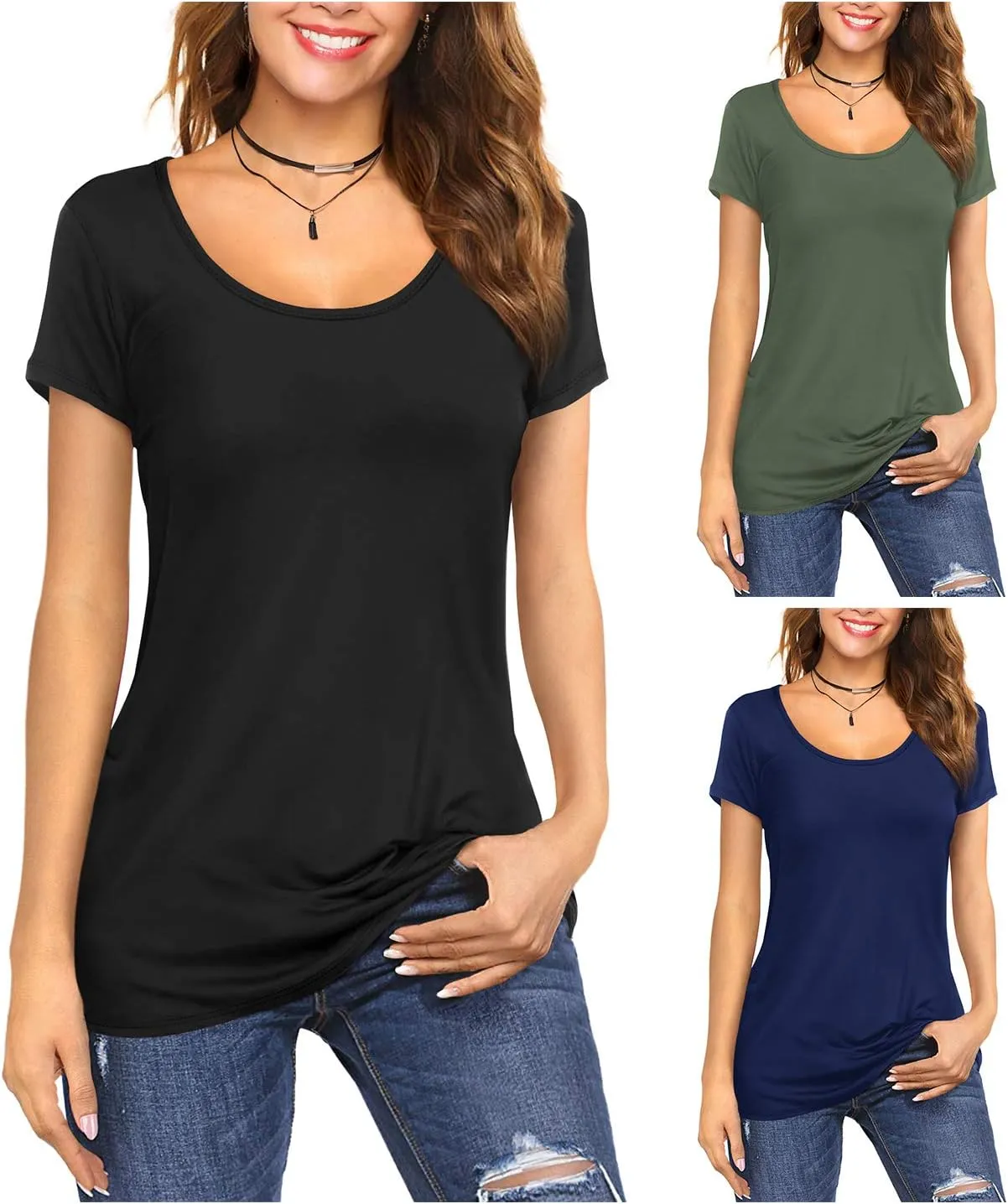 Amoretu Women's Scoop Neck Short Sleeve Tees Cotton T Shirts Blouses Tops