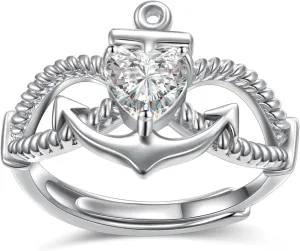 Anchor Rings April Birthstone CZ for Women Sterling Silver Faith Hope Ship Anchor Rings Religious Jewelry Mother's Day Anniversary Birthday Gifts for Women Wife