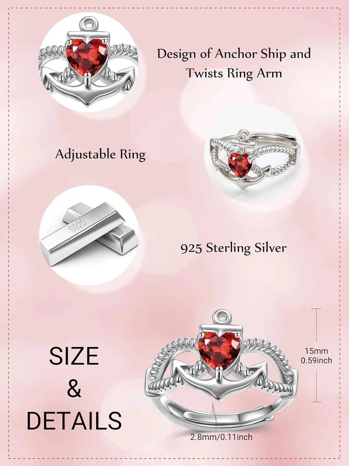 Anchor Rings for Women 925 Sterling Silver Faith Hope Ship Anchor Rings for Women Birthstone Religious Jewelry Anniversary Wedding Birthday Gift for Women