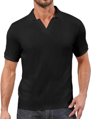 Angbater Men's Polo Shirts V Neck Fashion Casual Short Sleeve Textured Collared Golf T-Shirts