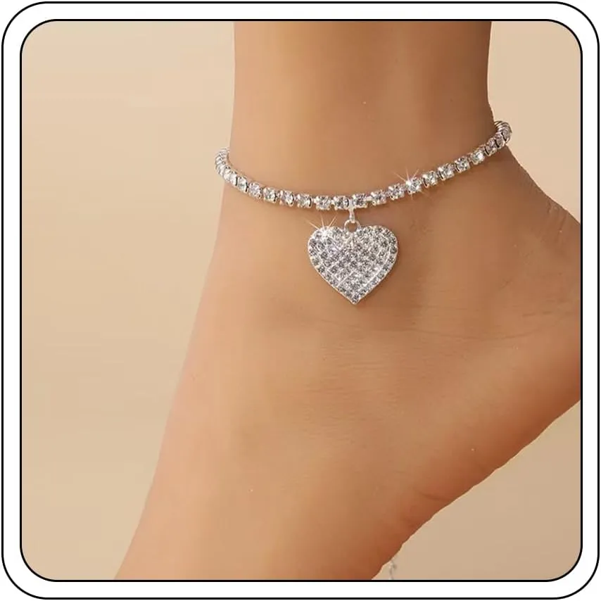 Ankle Bracelets for Women, Heart Rhinestone Pendant Adjustable Shiny Tennis Twinkle Cubic Zircon Ankle Bracelets Beach Party Jewelry Gifts