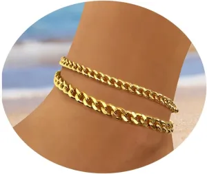 Anklets for Women 14K Gold Plated Ankle Bracelets Waterproof Layered Cuban Link Chain Anklets Set Adjustable Summer Beach Vacation Travel Jewelry