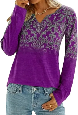 Apvirdy Womens Henley Shirt V Neck Long Sleeves Western Blouse Boho Floral Print Shirt Loose Fit Ethnic Tunic Tops
