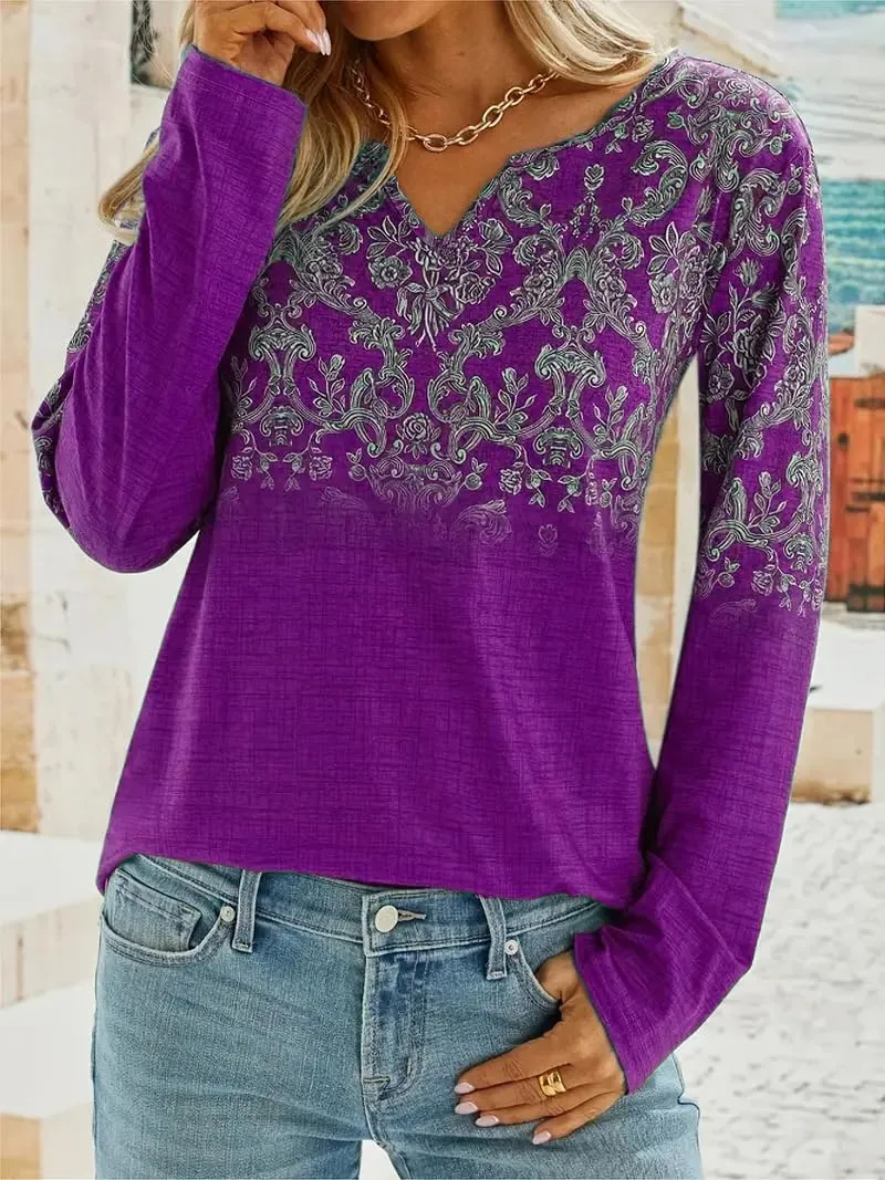 Apvirdy Womens Henley Shirt V Neck Long Sleeves Western Blouse Boho Floral Print Shirt Loose Fit Ethnic Tunic Tops