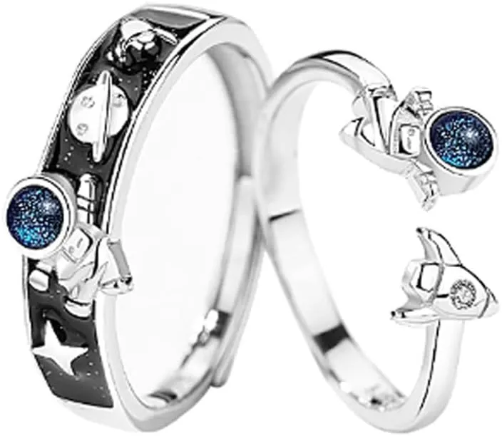 Astronaut Matching Promise Rings for Couples Engagement Wedding Open Ring Band Sets for Him and Her Planet Star Spaceship Universe CZ Crystal Jewelry Gift for Girlfriend Boyfriend Valentine's Day