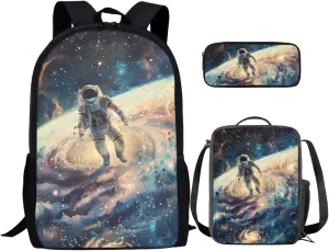 Astronaut School Bag and Lunch Bag Set for Toddler Boys Kids Backpack Elementary School Lightweight Backpacks with Water Bottle Pocket School Supplies for Teen Girls