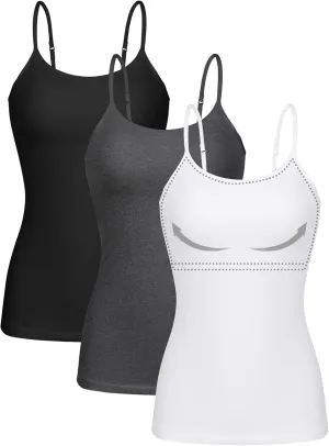 ATTRACO Women 3 Pack Cotton Camisoles wtih Shelf Bra Adjustable Spaghetti Strap Tank Tops