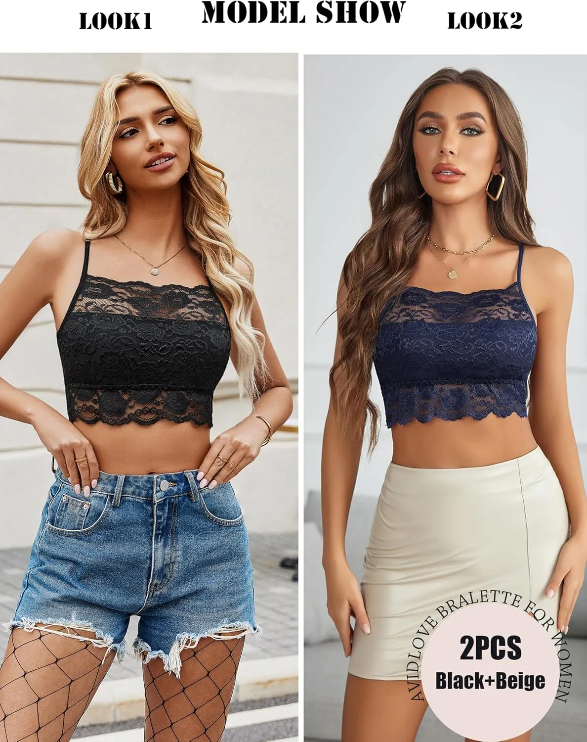 Avidlove 2Pcs Bralettes Wireless Lace Camisoles Racerback Double-Layered Y2K Crop Top