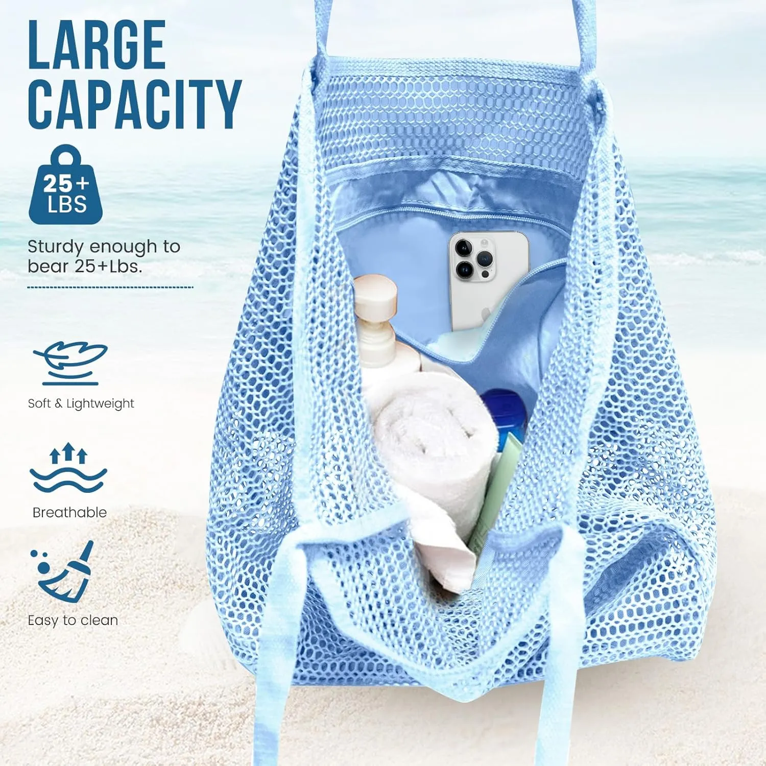 Beach Bags for Women, Foldable Mesh Tote Bag with Mini Pocke, Womens Shoulder bag for Travel Beach Essentials Swimming Pool