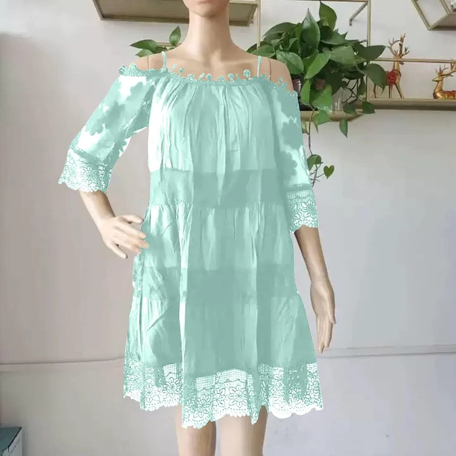 Beach Dresses for Women Lace Patchwork Cold Shoulder Short Sleeve Mini Dress Summer Plus Size Boho Vacation Dress
