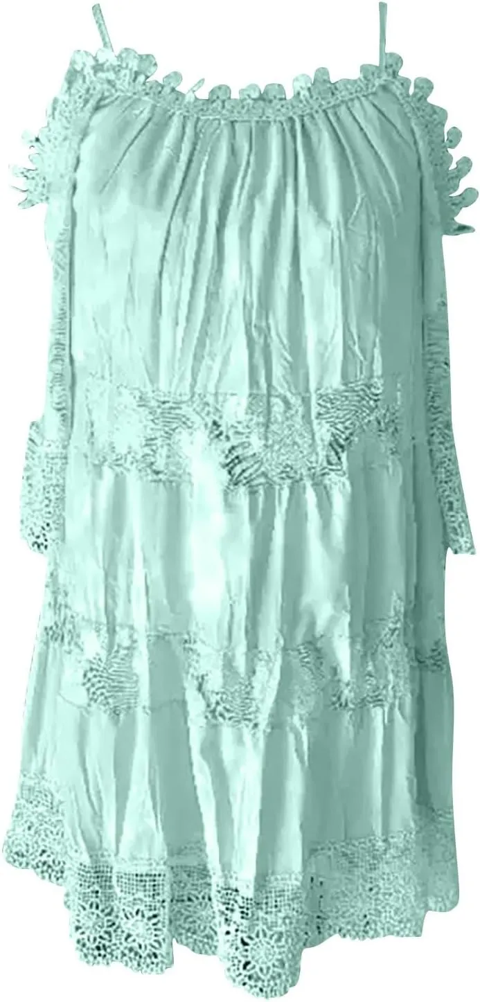 Beach Dresses for Women Lace Patchwork Cold Shoulder Short Sleeve Mini Dress Summer Plus Size Boho Vacation Dress
