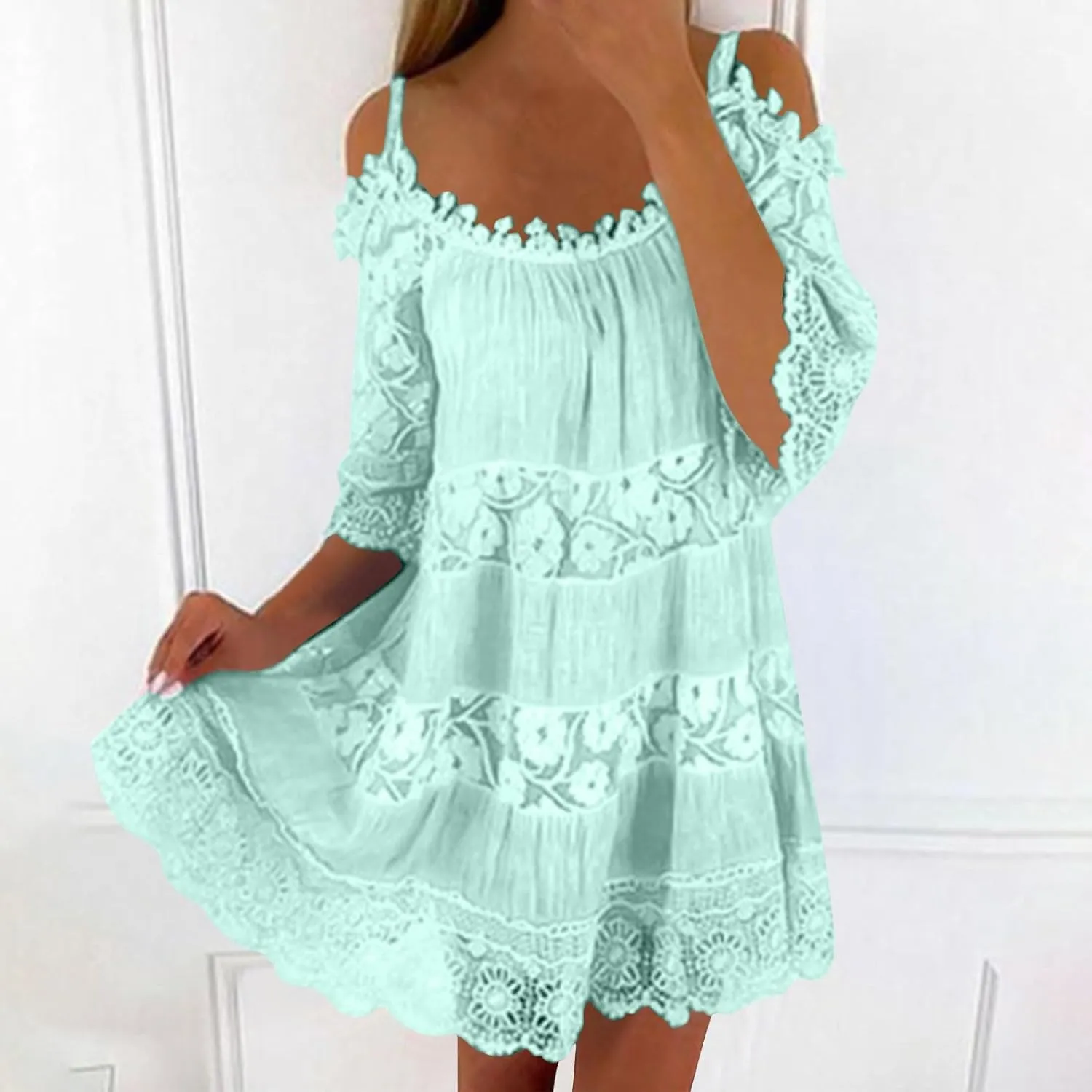 Beach Dresses for Women Lace Patchwork Cold Shoulder Short Sleeve Mini Dress Summer Plus Size Boho Vacation Dress