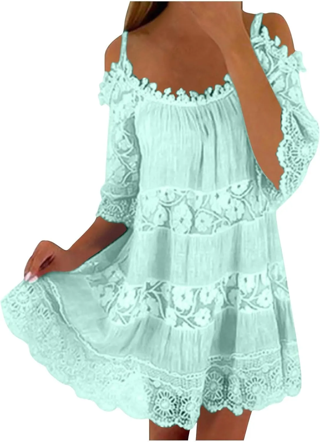 Beach Dresses for Women Lace Patchwork Cold Shoulder Short Sleeve Mini Dress Summer Plus Size Boho Vacation Dress