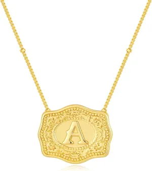Belt Buckle Initial Letter Necklace For Women,14k Gold Plated With Embossed Charm Pendant Necklaces Dainty Sliver Western Personalized Gift Jewelry