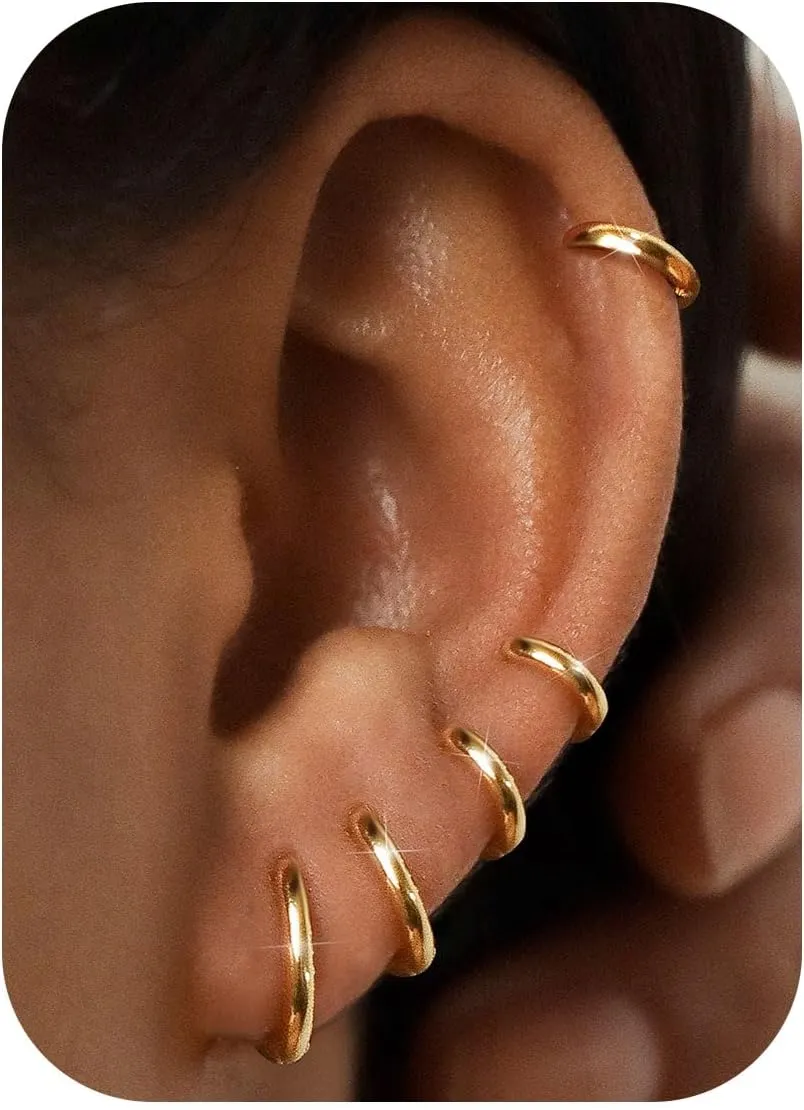 BESTEEL 5 Pairs Small Sterling Silver Hoop Earrings Set for Women Lightweight Tiny Huggie Hoops Silver Mini Cartilage Earrings Pack Hypoallergenic Ear Piercing