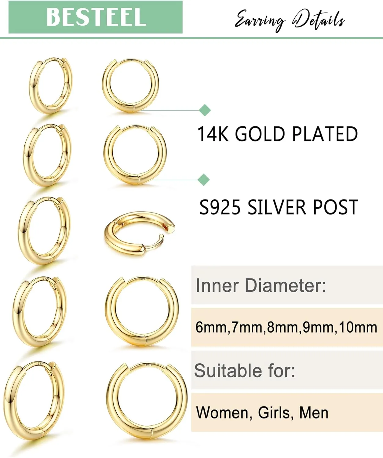 BESTEEL 5 Pairs Small Sterling Silver Hoop Earrings Set for Women Lightweight Tiny Huggie Hoops Silver Mini Cartilage Earrings Pack Hypoallergenic Ear Piercing