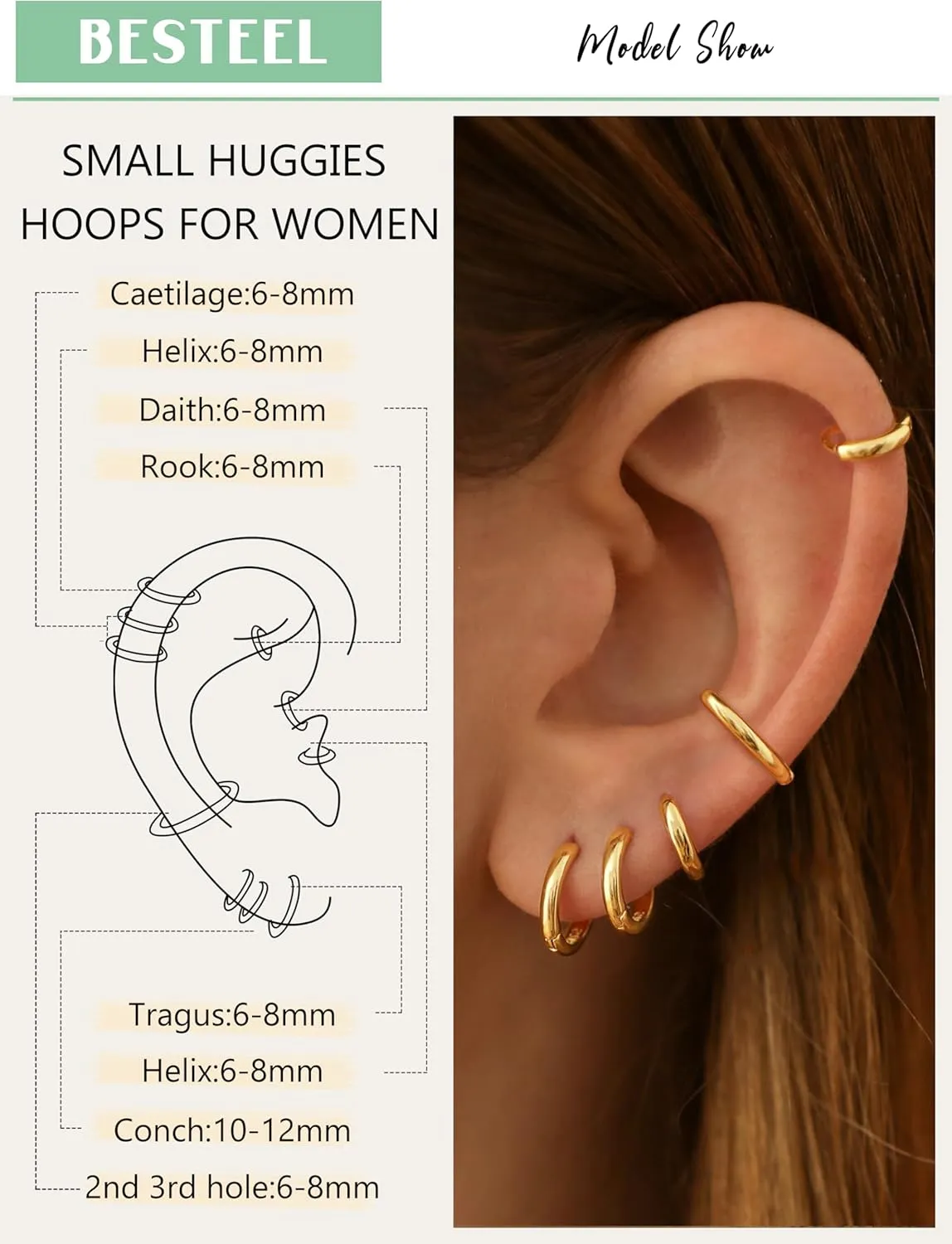 BESTEEL 5 Pairs Small Sterling Silver Hoop Earrings Set for Women Lightweight Tiny Huggie Hoops Silver Mini Cartilage Earrings Pack Hypoallergenic Ear Piercing