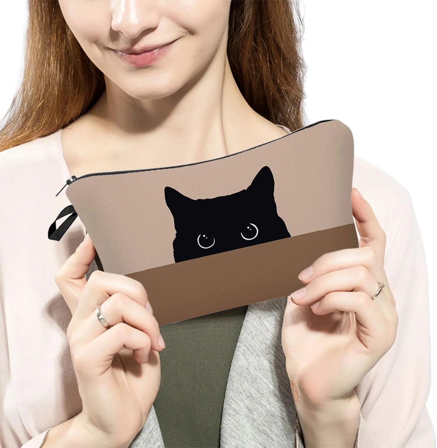Black Cat Cosmetic Bag Cute Small Makeup Bag Brown Background Black Cat Organizer Zipper Pouch Cartoon Black Cat Pattern Birthday Present for Cat Lovers Cat Mom Women Friends