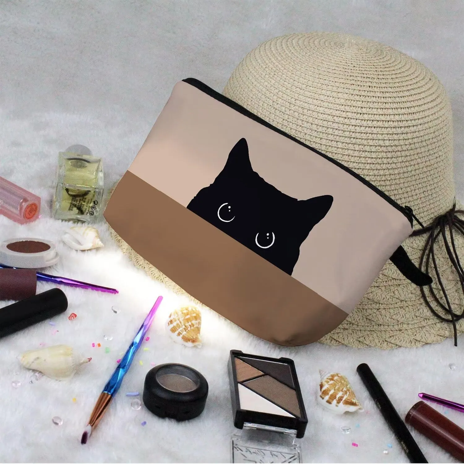Black Cat Cosmetic Bag Cute Small Makeup Bag Brown Background Black Cat Organizer Zipper Pouch Cartoon Black Cat Pattern Birthday Present for Cat Lovers Cat Mom Women Friends