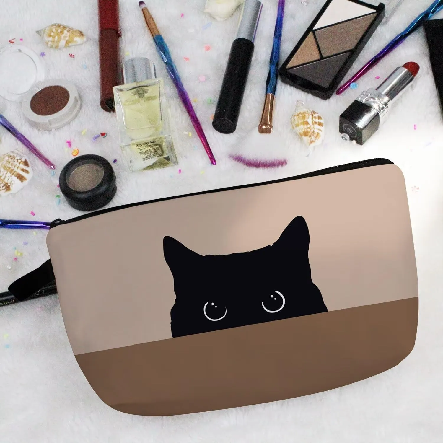 Black Cat Cosmetic Bag Cute Small Makeup Bag Brown Background Black Cat Organizer Zipper Pouch Cartoon Black Cat Pattern Birthday Present for Cat Lovers Cat Mom Women Friends
