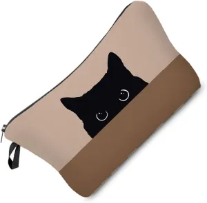 Black Cat Cosmetic Bag Cute Small Makeup Bag Brown Background Black Cat Organizer Zipper Pouch Cartoon Black Cat Pattern Birthday Present for Cat Lovers Cat Mom Women Friends