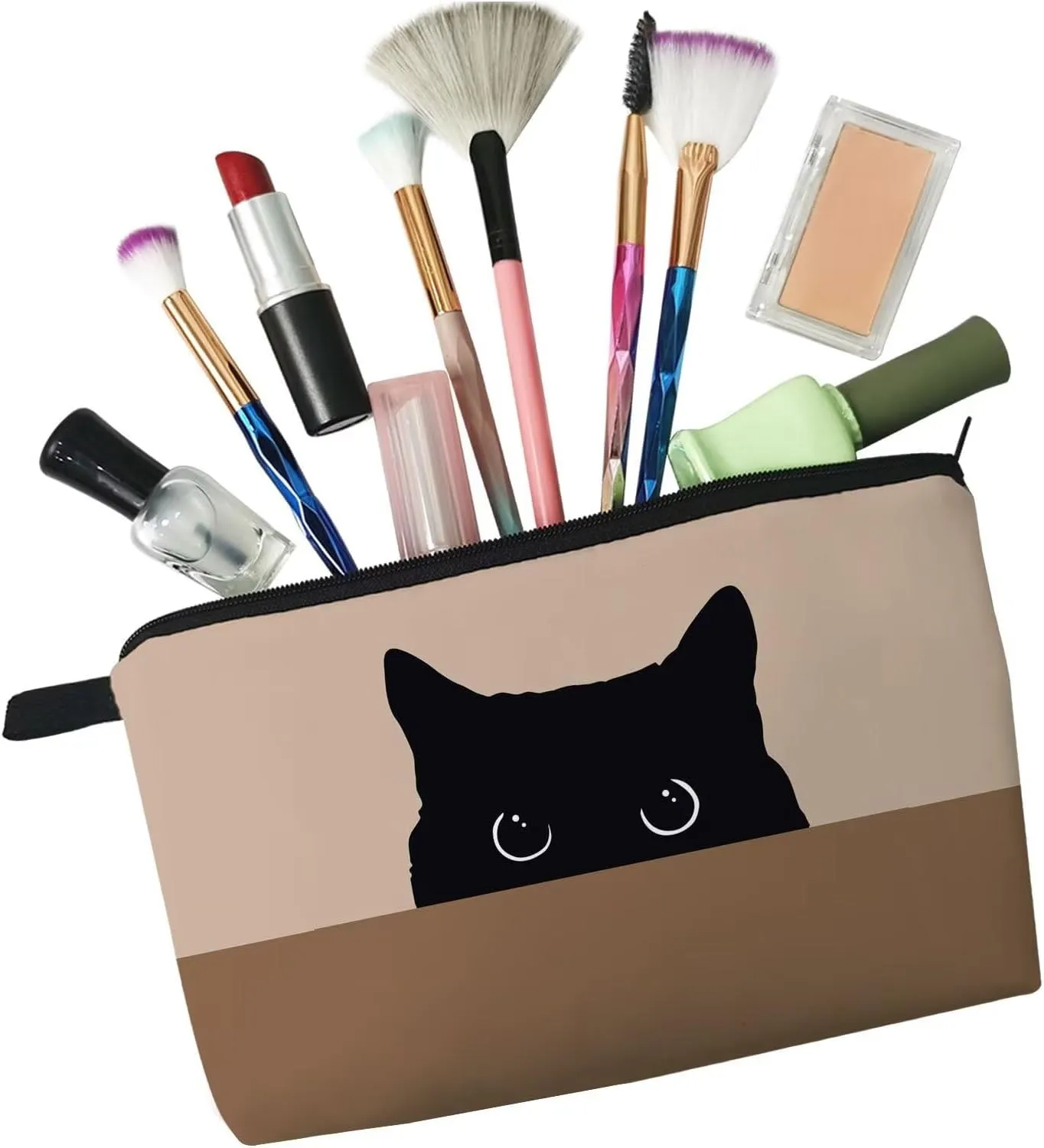 Black Cat Cosmetic Bag Cute Small Makeup Bag Brown Background Black Cat Organizer Zipper Pouch Cartoon Black Cat Pattern Birthday Present for Cat Lovers Cat Mom Women Friends