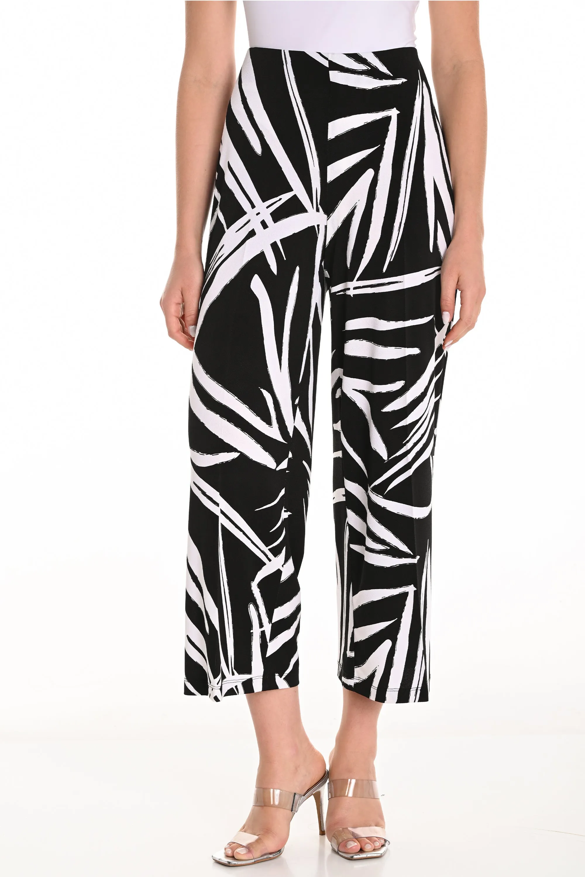 BLACK WHITE ABSTRACT PALM WIDE LEG CROP PANT
