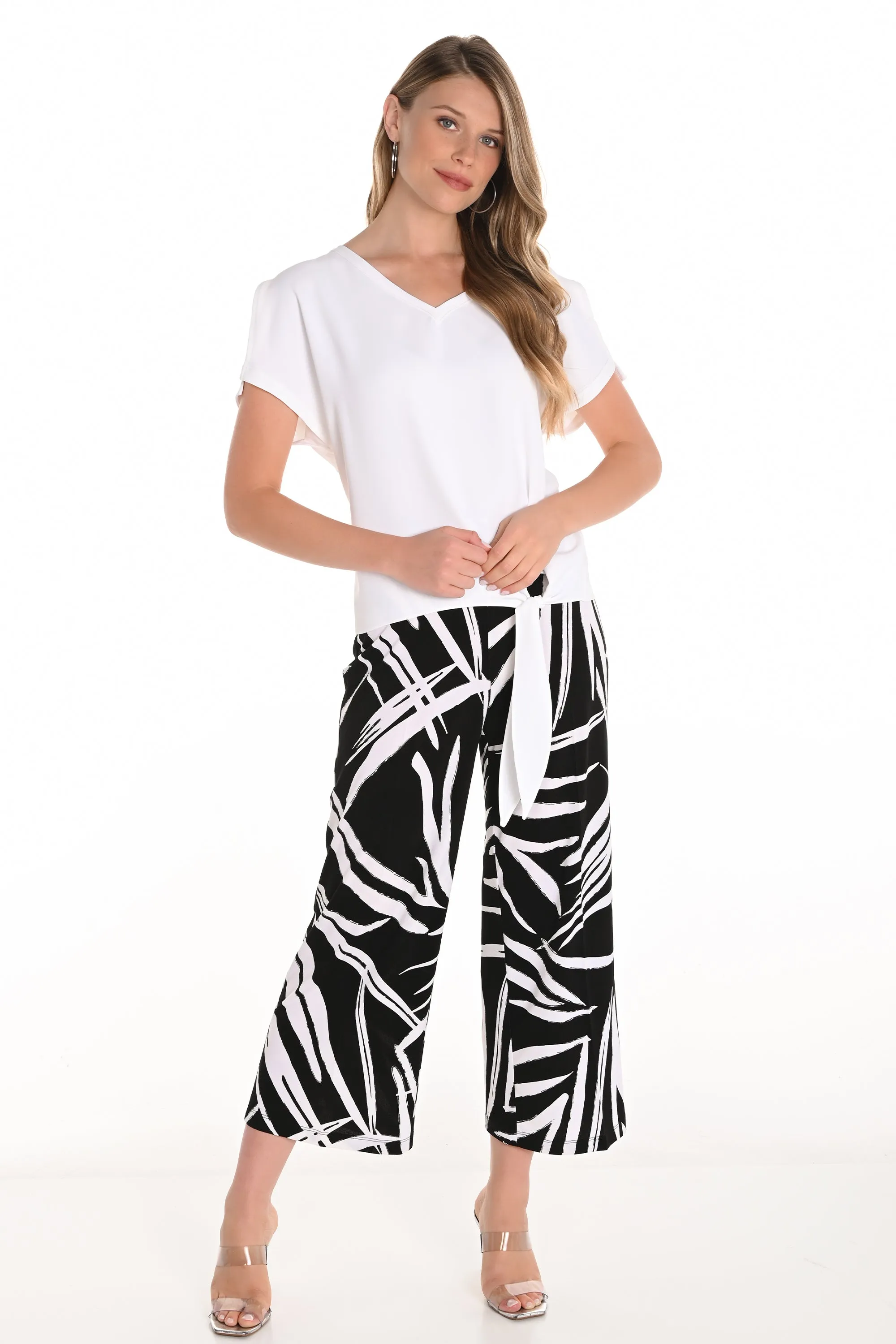 BLACK WHITE ABSTRACT PALM WIDE LEG CROP PANT