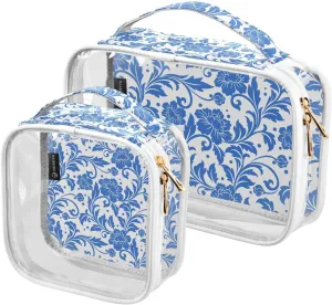 Blue Flower 2 Pieces Clear Makeup Cosmetic Bags for Traveling Vacation Organizing, Toiletry Bags for Women Men, PVC Waterproof Travel Organizer