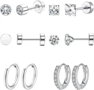 BoAn 6 Pairs Stud Earrings Set, Hypoallergenic Cubic Zirconia, Earrings Stainless Steel, Small Hoop Flatback Stud Earrings, Tiny Unisex Screw Back Cartilage Earrings