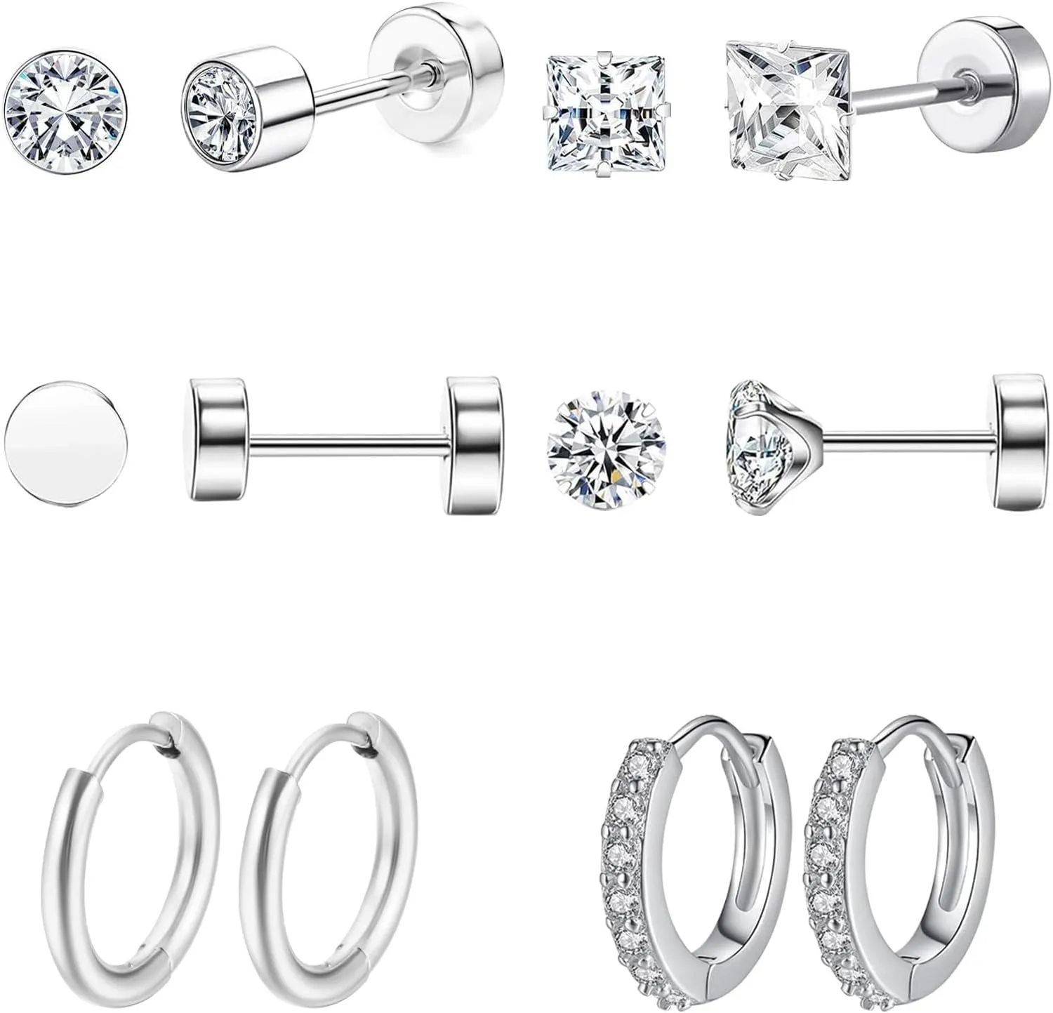 BoAn 6 Pairs Stud Earrings Set, Hypoallergenic Cubic Zirconia, Earrings Stainless Steel, Small Hoop Flatback Stud Earrings, Tiny Unisex Screw Back Cartilage Earrings