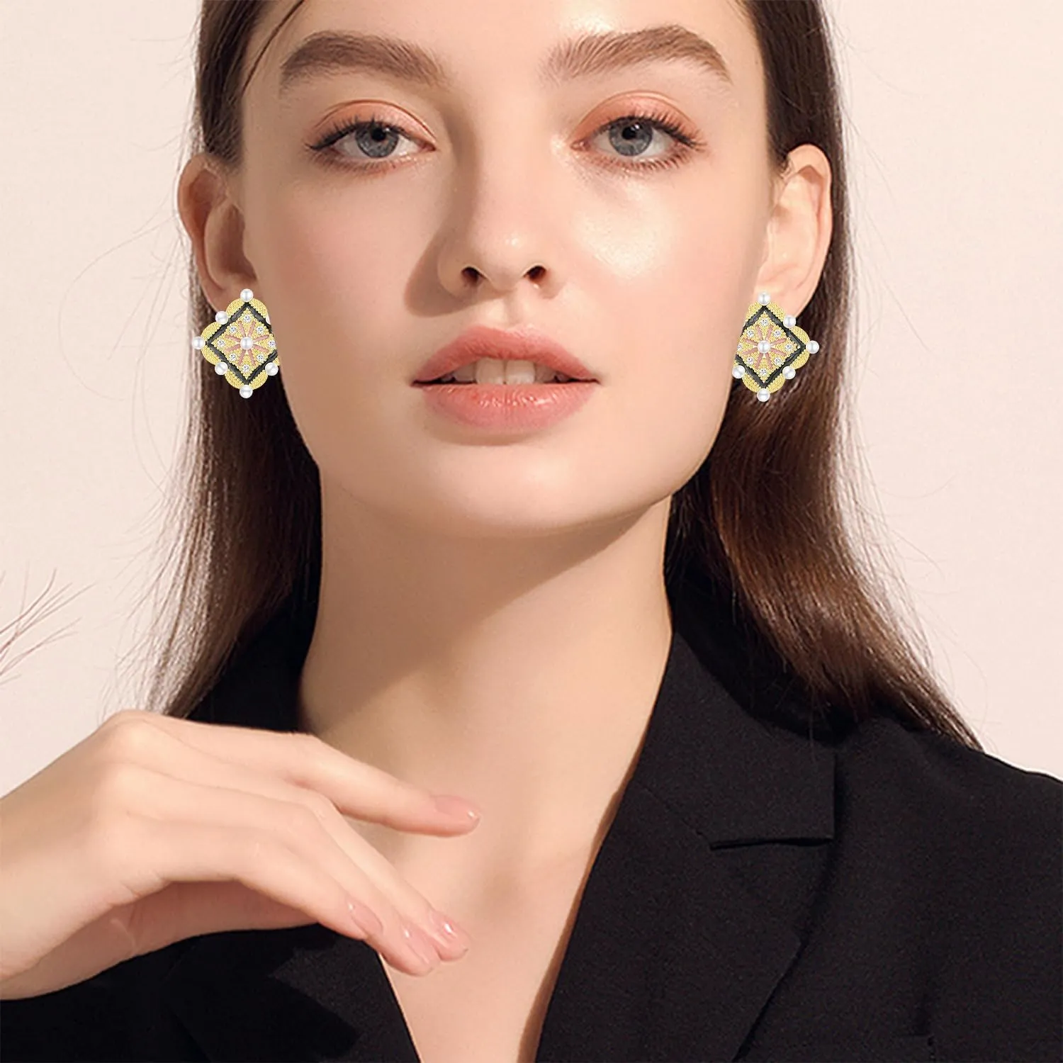 Bohemian Lightweight Crystal Enamel Flower Geometry Square Stud Earrings Sparkly Rhinestone Peal Floral Tiny Dangle Drop Earrings For Women Jewelry Gifts
