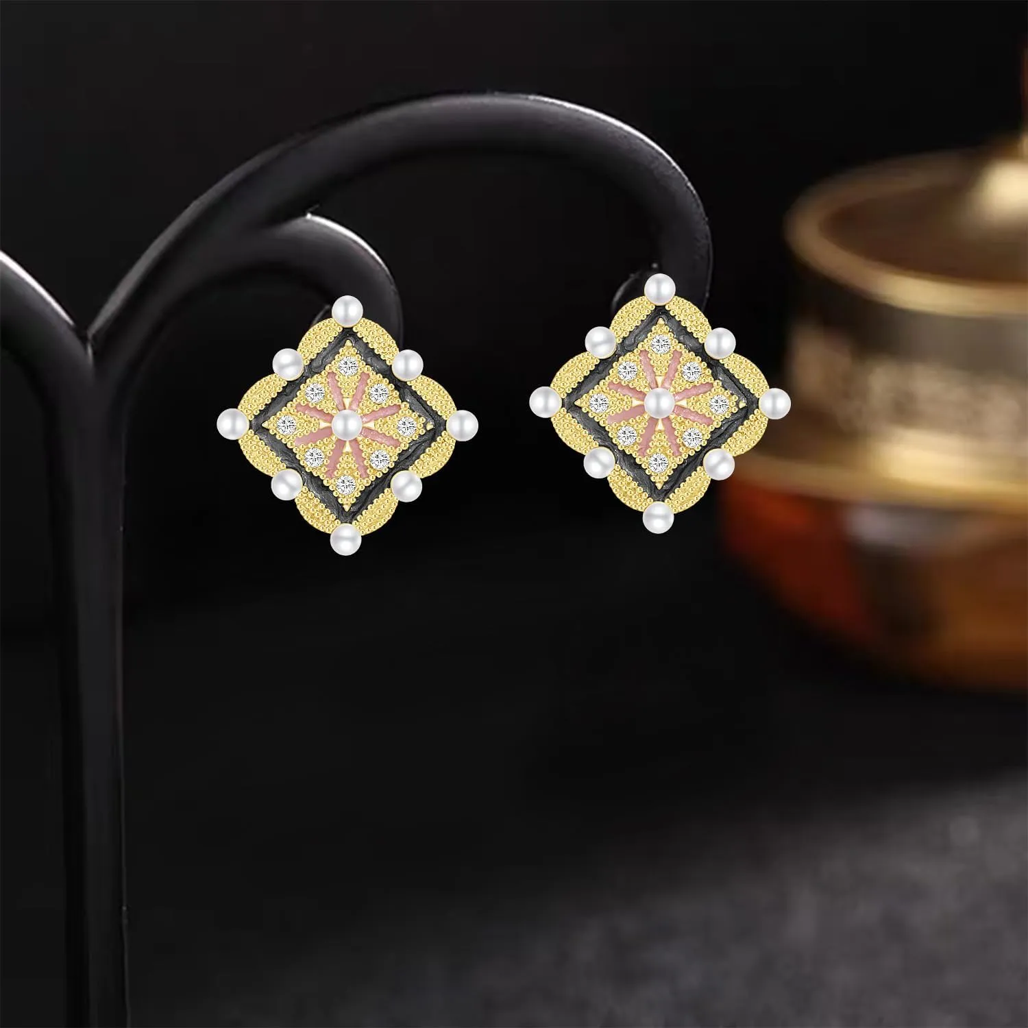 Bohemian Lightweight Crystal Enamel Flower Geometry Square Stud Earrings Sparkly Rhinestone Peal Floral Tiny Dangle Drop Earrings For Women Jewelry Gifts