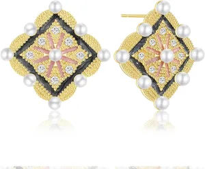 Bohemian Lightweight Crystal Enamel Flower Geometry Square Stud Earrings Sparkly Rhinestone Peal Floral Tiny Dangle Drop Earrings For Women Jewelry Gifts