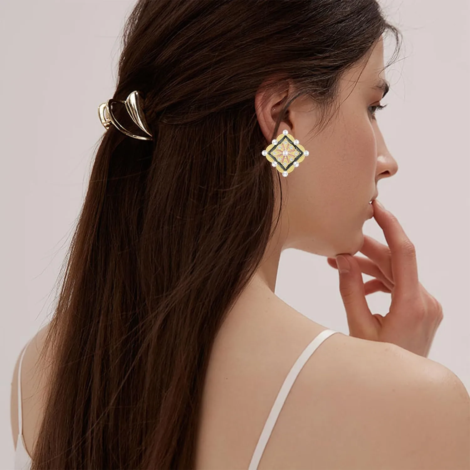 Bohemian Lightweight Crystal Enamel Flower Geometry Square Stud Earrings Sparkly Rhinestone Peal Floral Tiny Dangle Drop Earrings For Women Jewelry Gifts