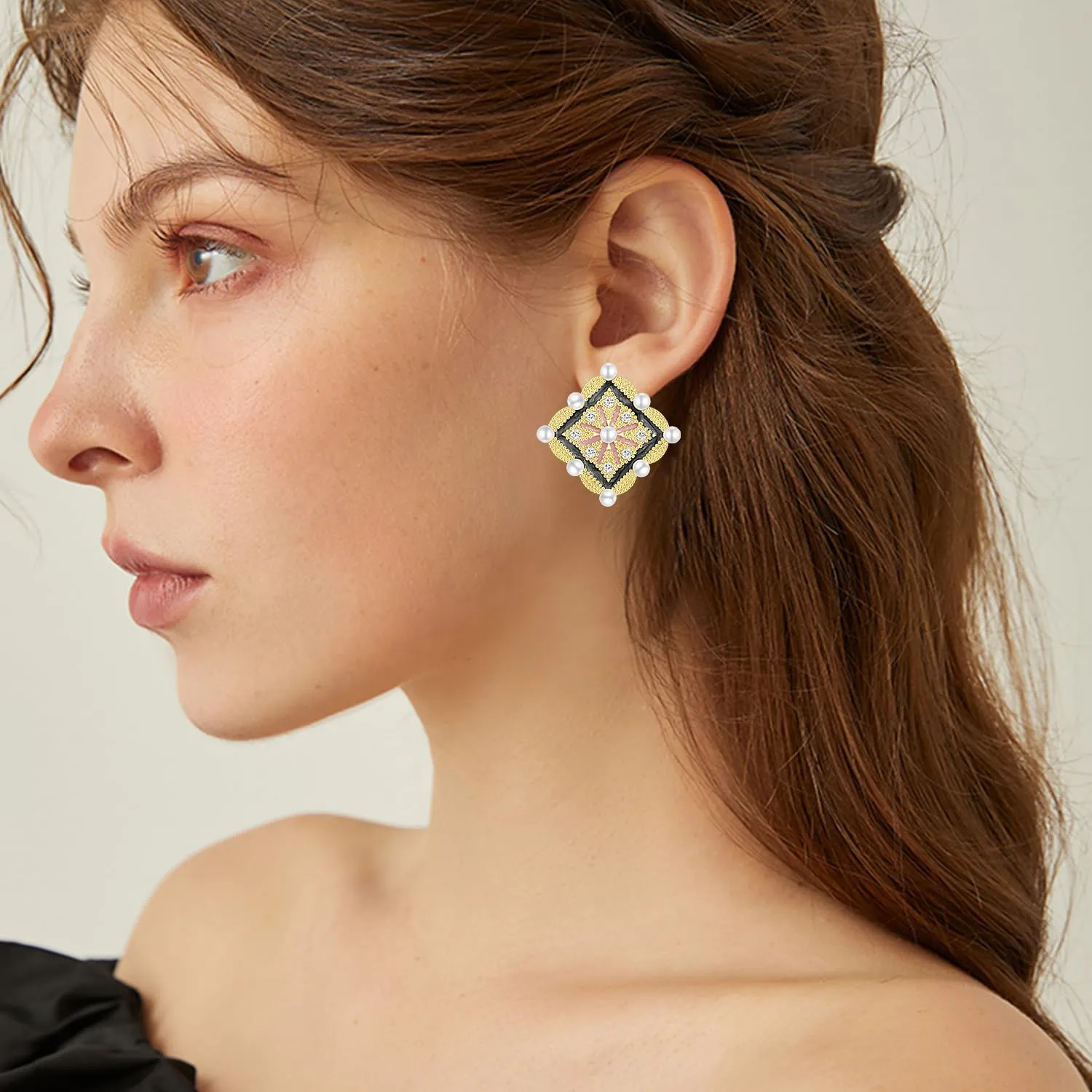 Bohemian Lightweight Crystal Enamel Flower Geometry Square Stud Earrings Sparkly Rhinestone Peal Floral Tiny Dangle Drop Earrings For Women Jewelry Gifts