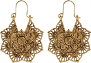 Boho Earrings for Women Trendy Cutout Hollow Flower Drop Earrings Imitation Turquoise Dangling Earrings Metal Print earrings Vintage Jewelry Gift