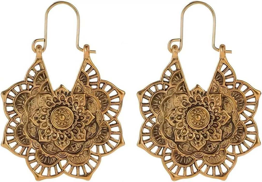 Boho Earrings for Women Trendy Cutout Hollow Flower Drop Earrings Imitation Turquoise Dangling Earrings Metal Print earrings Vintage Jewelry Gift