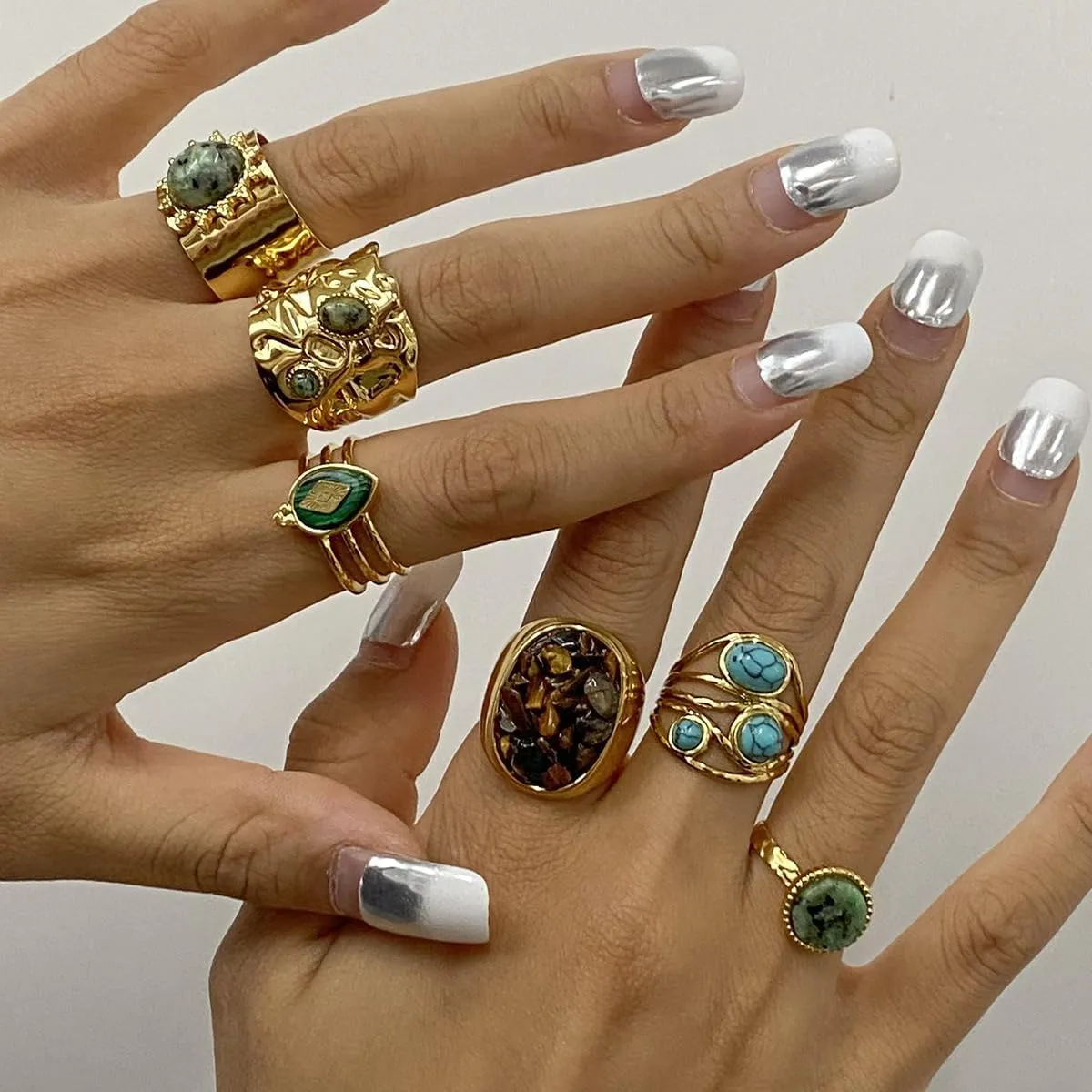 Boho Western Turquoise Ring, Oval Turquoise Gemstone December Birthstone Open Adjustable Statement Ring, Gold Plated Stainless Steel Stackable Rings for Women Size 8