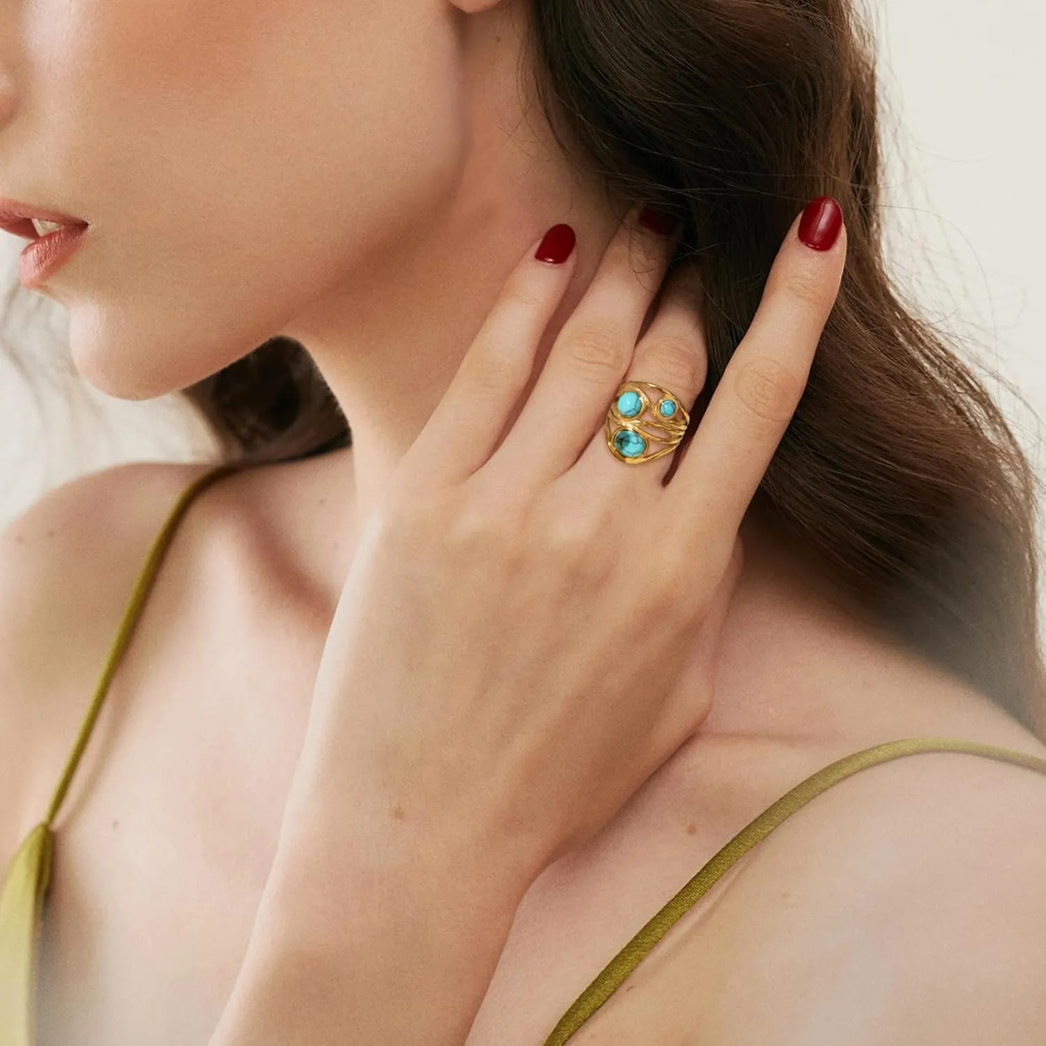 Boho Western Turquoise Ring, Oval Turquoise Gemstone December Birthstone Open Adjustable Statement Ring, Gold Plated Stainless Steel Stackable Rings for Women Size 8