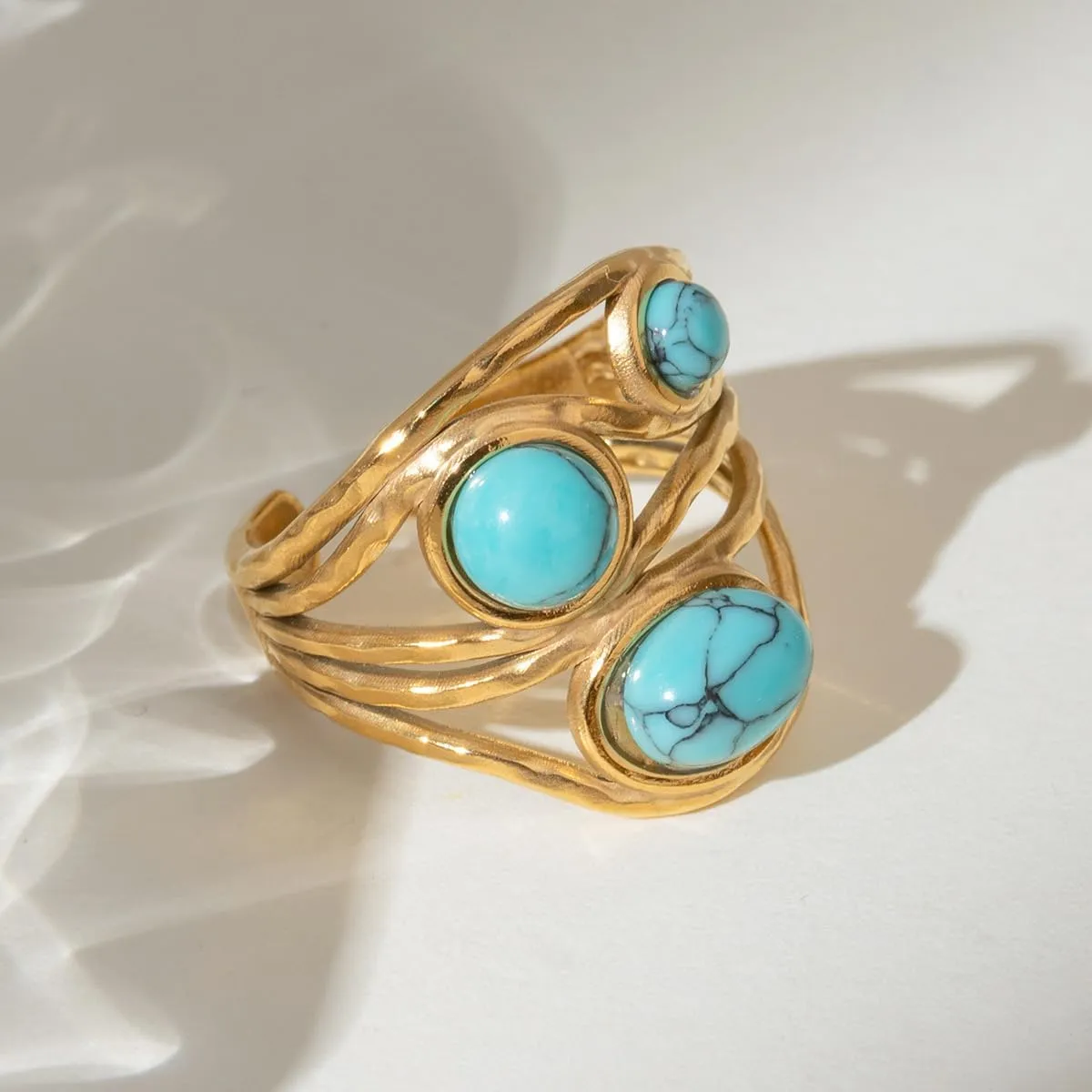 Boho Western Turquoise Ring, Oval Turquoise Gemstone December Birthstone Open Adjustable Statement Ring, Gold Plated Stainless Steel Stackable Rings for Women Size 8