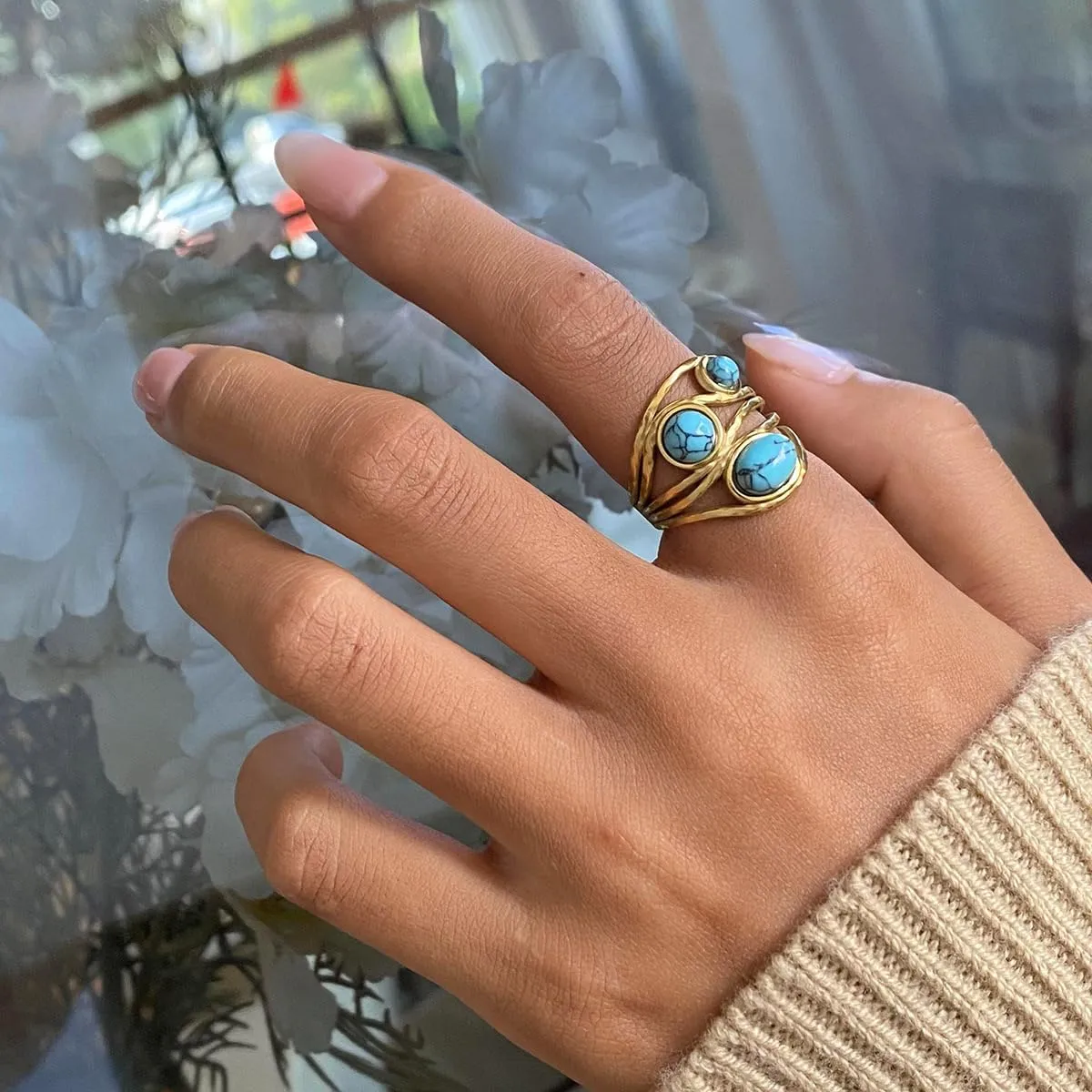 Boho Western Turquoise Ring, Oval Turquoise Gemstone December Birthstone Open Adjustable Statement Ring, Gold Plated Stainless Steel Stackable Rings for Women Size 8