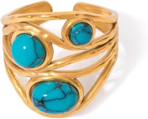 Boho Western Turquoise Ring, Oval Turquoise Gemstone December Birthstone Open Adjustable Statement Ring, Gold Plated Stainless Steel Stackable Rings for Women Size 8