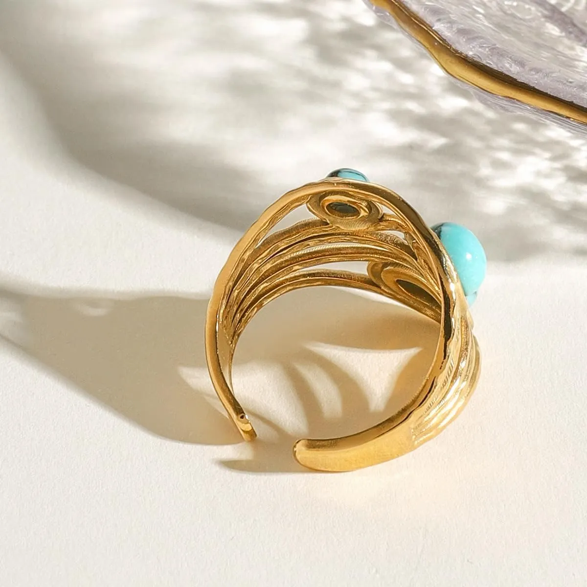 Boho Western Turquoise Ring, Oval Turquoise Gemstone December Birthstone Open Adjustable Statement Ring, Gold Plated Stainless Steel Stackable Rings for Women Size 8