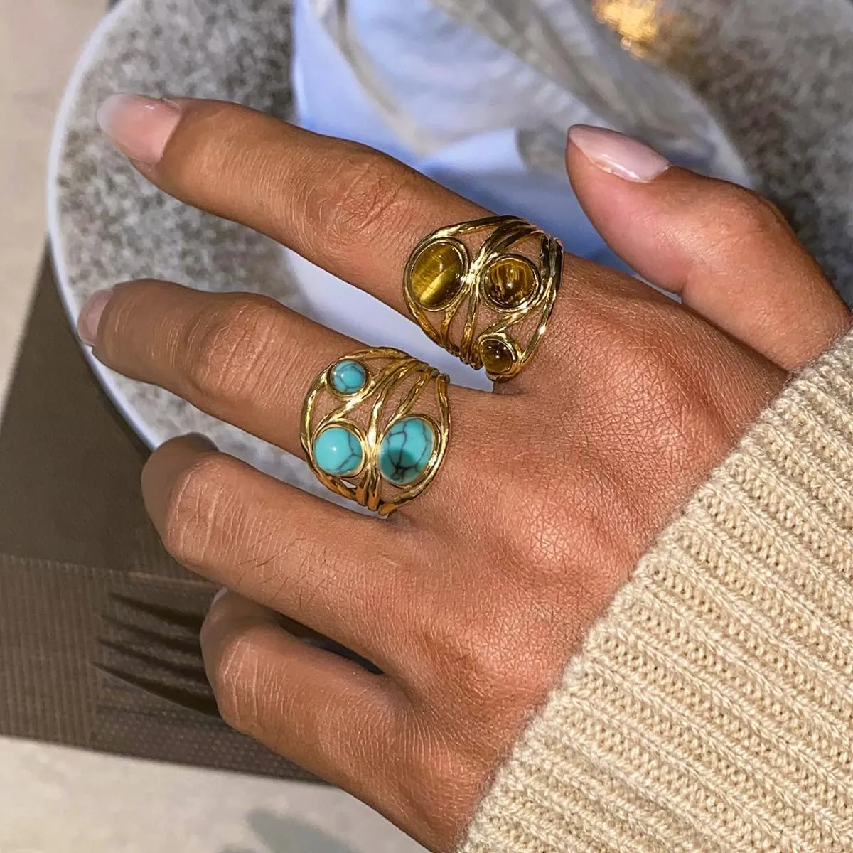 Boho Western Turquoise Ring, Oval Turquoise Gemstone December Birthstone Open Adjustable Statement Ring, Gold Plated Stainless Steel Stackable Rings for Women Size 8