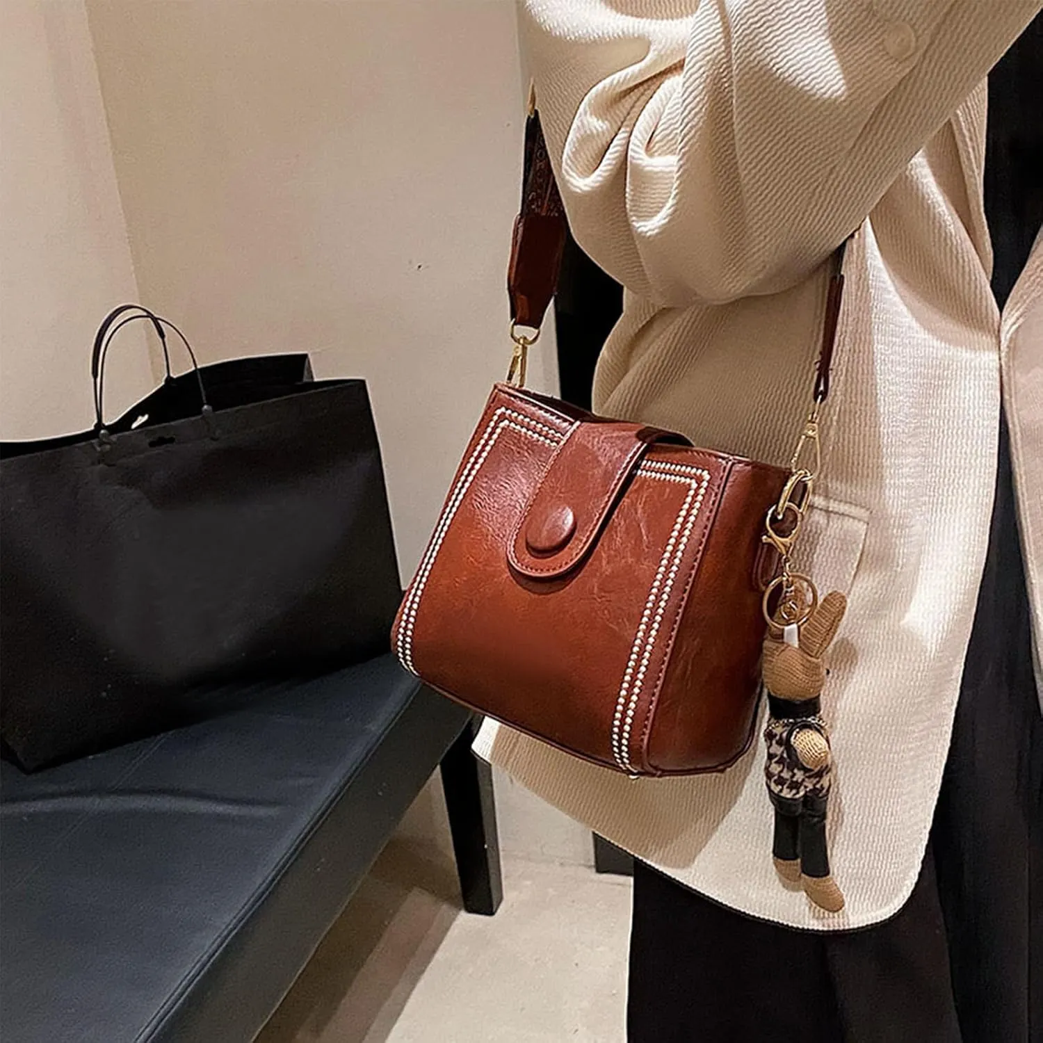 Bootara Bucket Bag, Women's Vintage Bunny Charm Bucket Bag, Crossbody with Adjustable Wider Shoulder Strap