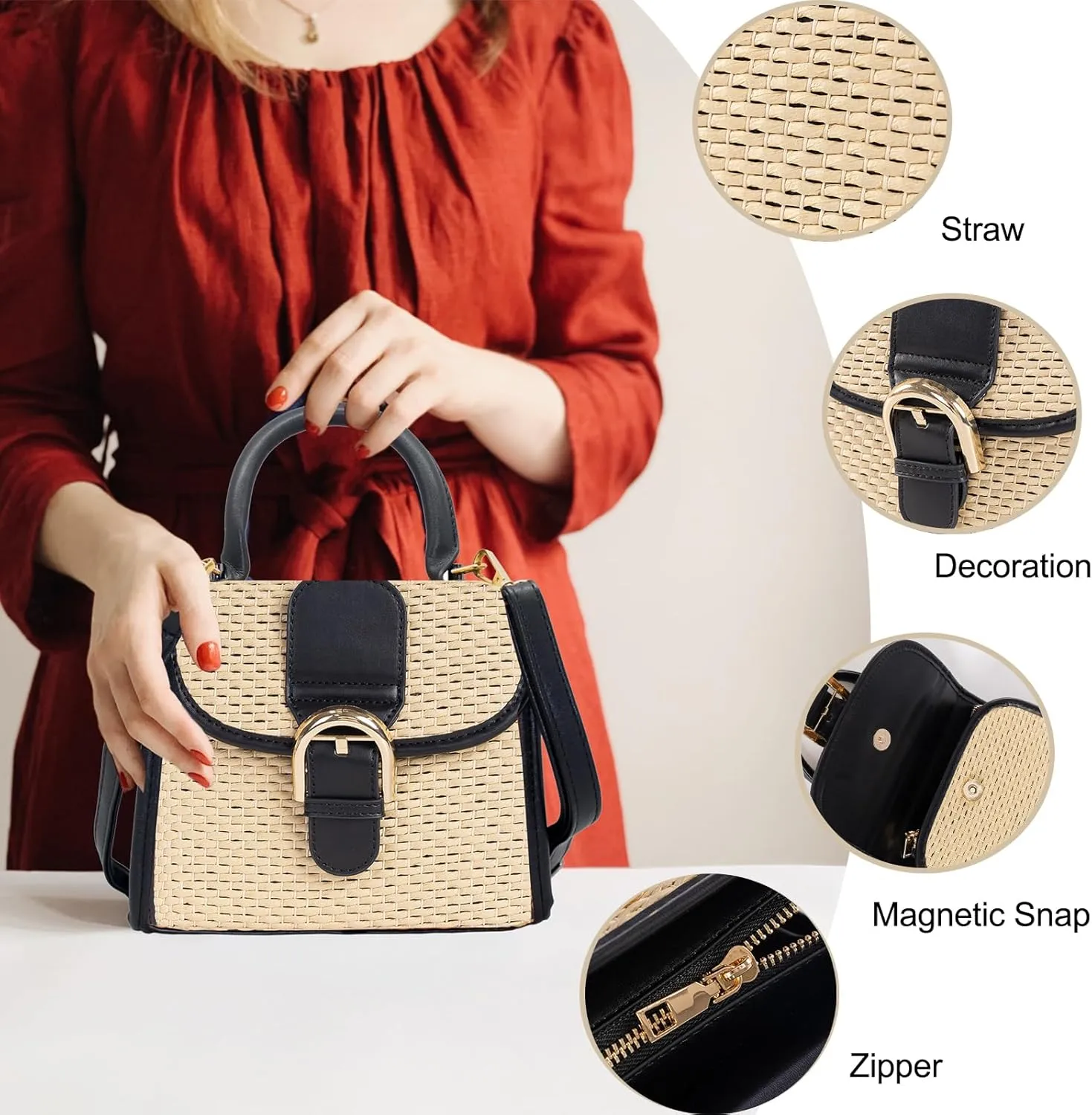boshiho Retro Straw Woven Handbag Womens Small Cross Body Bag Shoulder Messenger Satchel
