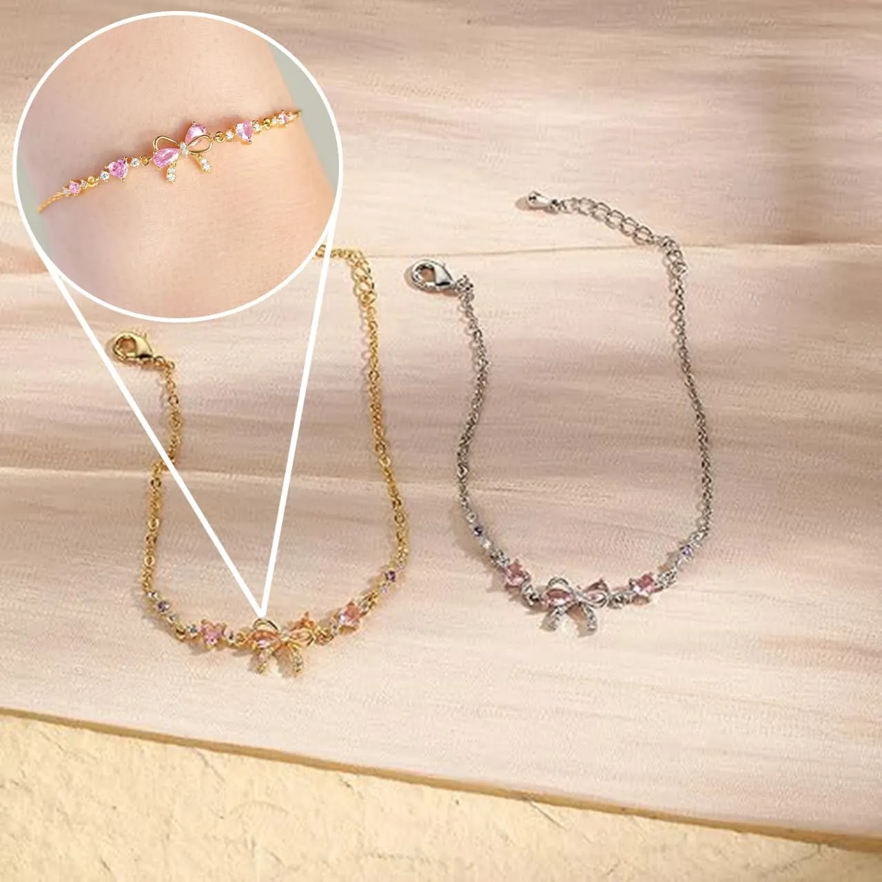 BowZircon Bracelets - Friendship is Like a Bows, Ribbon Bow Beaded Chain Bracelets, Adjustable Friendship Jewelry Gift